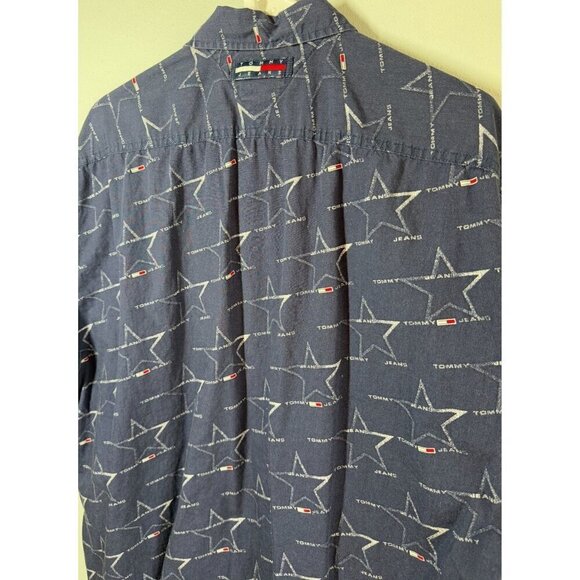 Tommy Hilfiger Mens Y2K Navy Blue Logo Casual Button Up Short Sleeve Shirt Large - Picture 6 of 9